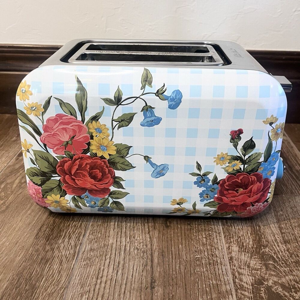 The Pioneer Woman Floral Blue Gingham 2 Slice Wide Toaster Stainless Steel Works